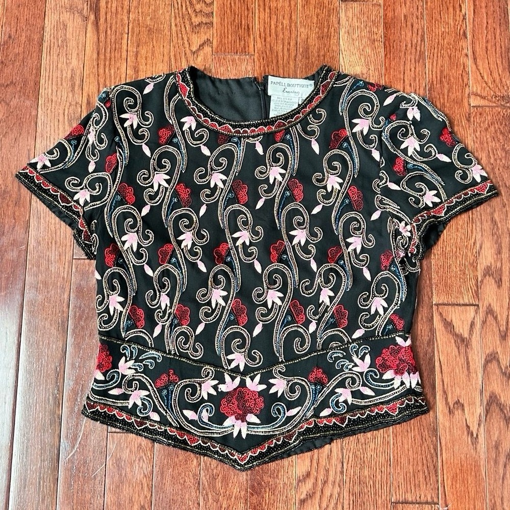 Adrianna Papell Boutique Evening Beaded Embellished Floral Asymmetrical Top